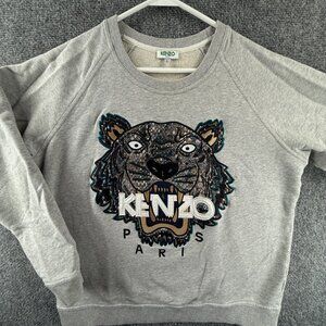 KENZO Paris Sweatshirt Pullover Graphic Print Long Sleeve Large Gray Tiger Logo